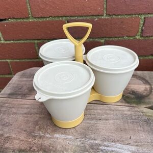 Vintage Tupperware 3-Bowl Carousel Condiment Server Set - Almond & Yellow Set